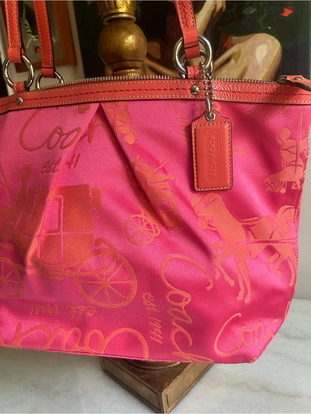 Coach Poppy Pink Op Art Horse & Carriage Jacquard Tote Shoulder Bag Coral